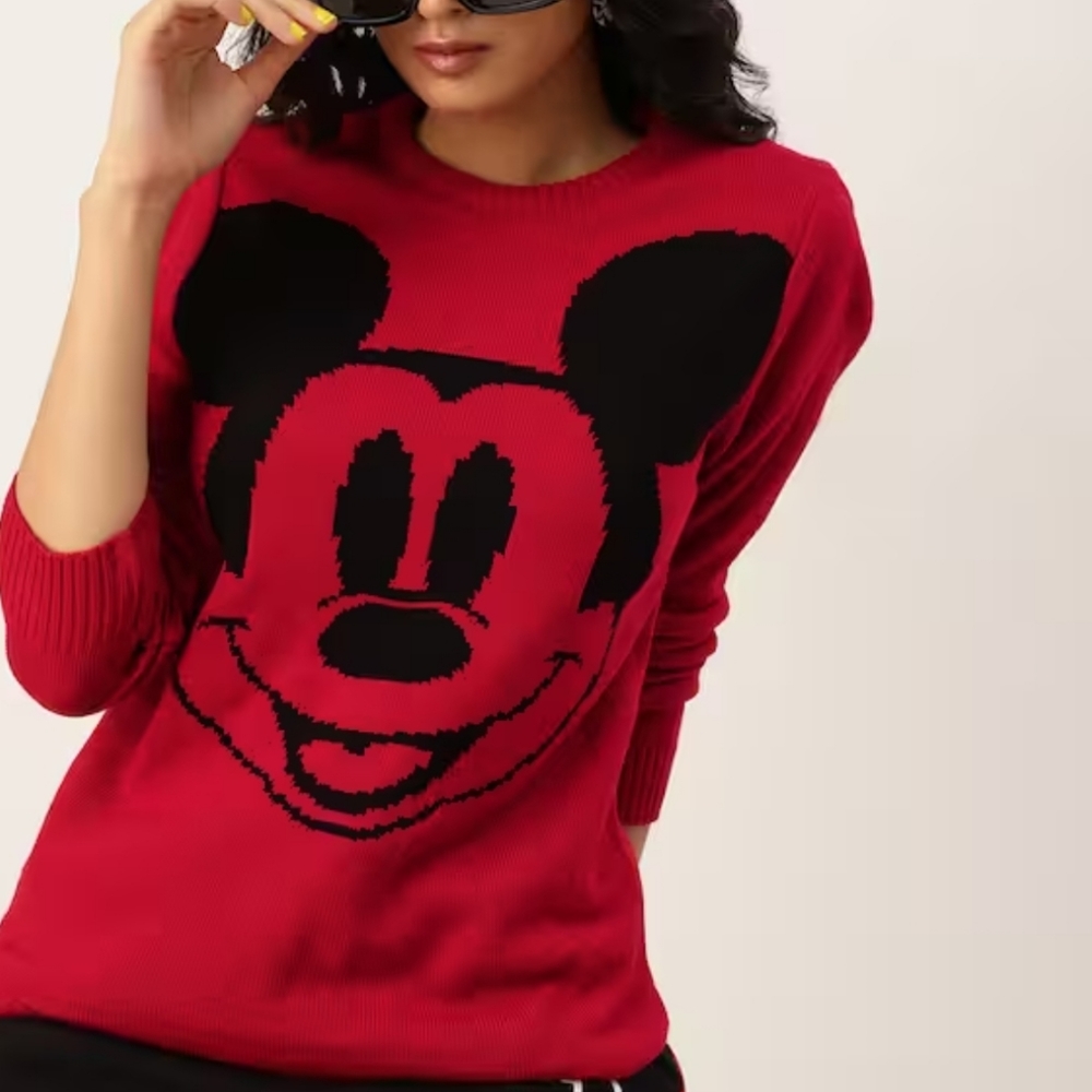 Disney Red and Black Mickey Mouse Crew Neck Sweater